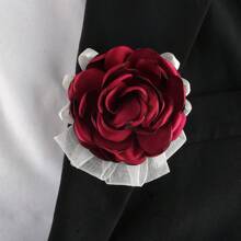 手腕花+胸花,两件套,新郎酒红色丝绸胸花,新娘/伴娘仿真手腕花,伴郎胸针,适用于毕业典礼、婚礼、派对、情人节配饰 - 長度7cm 寬度7cm - 查看 4