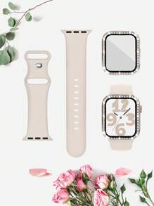 三合一包括腕带、表壳和保护膜 女式 男式 I 时尚运动 柔软、舒适、透气 单色纯色硅胶蝴蝶扣表带 带单颗水钻 双颗水钻 带钢化膜保护套 元旦礼物 多种颜色可选，搭配 Apple Watch Ultra 系列 9/8/7/6/5/SE/4/3/2/1 配件 替换表带 配件 DIY 套装 情人节 - Series 4/5/6/SE[40mm] - 查看 23