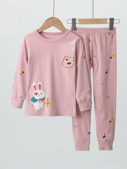 2pcs/Set Young Girl Cartoon Rabbit Print Long Sleeve Pajama Set, Sleepwear Suit For Autumn Winter