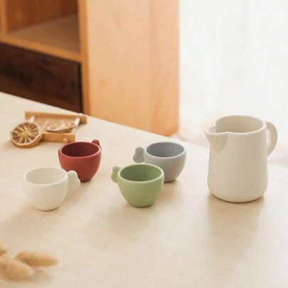 1 set Decoración navideña Juego de té de juego simulado para bebé, tetera de silicona, posavasos de madera, juego de té a prueba de fugas para niños