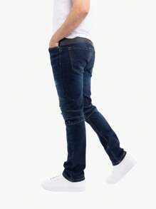Men's Slim Fit Moto Jeans - Dark Blue - View 3