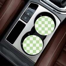 2 pièces Dessous de verre de voiture à motif de carreaux verts, dessous de verre antidérapant et lavable, cadeau unique, accessoire de voiture dessous de verre absorbant pour porte-gobelet