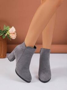 女士尖头粗跟侧拉链绒面革踝靴，优雅的办公室时尚靴子 - 灰色 - 查看 6