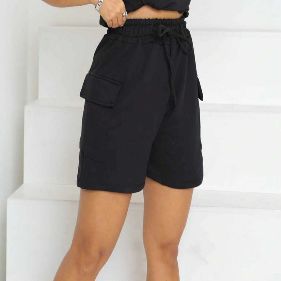 High Waist Cargo Shorts - Beautiful And Versatile In Various Colors - màu đen - Xem 1
