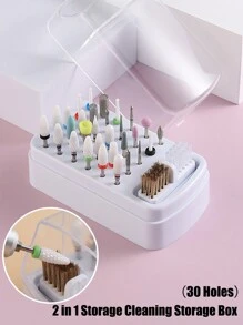 2 In 1 Nail Drill Bit Holder And Nail Drill Bits Cleaner Brush Case, 30 Holes Nail Drill Bits Organizer Display Stand Container Box, Manicure Drill Cleaning Brush, Professional Nail Tools
