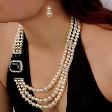 Bridal Bohemian Retro Multi-Layer White Faux Pearl Necklace & Earrings Jewelry Gift Set, Bride Long Faux Pearl Necklace, Personalized Women's Chunky Jewelry Gift Set, Prom Wedding Party Mother's Day Teacher's Day Gift, Jewelry For Women And Girls - Pearl Set - View 9