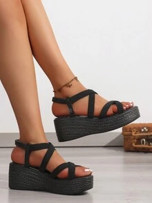 Women's Fashion Open Toe Slip-On Roman Thick Bottom Sandals, Casual Daily Wear - Black - View 2