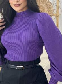 Women's Ribbed Knit Blouse Balloon Sleeve Puffed Fashion Daily Work Casual - tử đinh hương - Xem 2