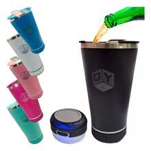 Copo térmico inox com tampa abridor e caixa de som com bluetooth Led 420ML - Azul - Visão 3