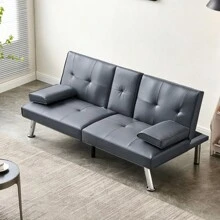Convertible Sofa Bed Adjustable Couch Sleeper Modern Faux Leather Recliner Reversible Loveseat Folding Daybed Guest Bed, Removable Armrests, Cup Holders, 3 Angles, , Gray - 1 - View 11