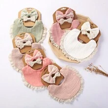 Adjustable Baby Girl Bow Headband & Saliva Towel Set, Lace Detail, Solid Color Double-Sided Waterproof Dribble Bib, Cute & Versatile - Multicolor - View 3