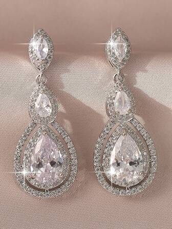 1對銀顏色水滴AAA方晶鋯石派對耳環首飾類