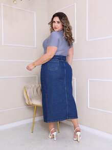 Denim Midi Skirt With Front Slit High Waist Modern Plus Size - 深色水洗藍 - 查看 3