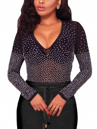 黑色透明网眼水钻 V 领长袖上衣