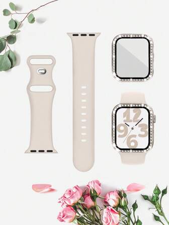 Conjunto de 3 en 1 que incluye una pulsera, una funda y una película protectora. Correa de reloj de silicona suave, cómoda y transpirable de unicolor monocromo con hebilla de mariposa y un solo o doble cristal de roca. Accesorios de repuesto y kit DIY para el Día de Año Nuevo y San Valentín con opciones de múltiples colores compatibles con Apple Watch Ultra Series 9/8/7/6/5/SE/4/3/2/1