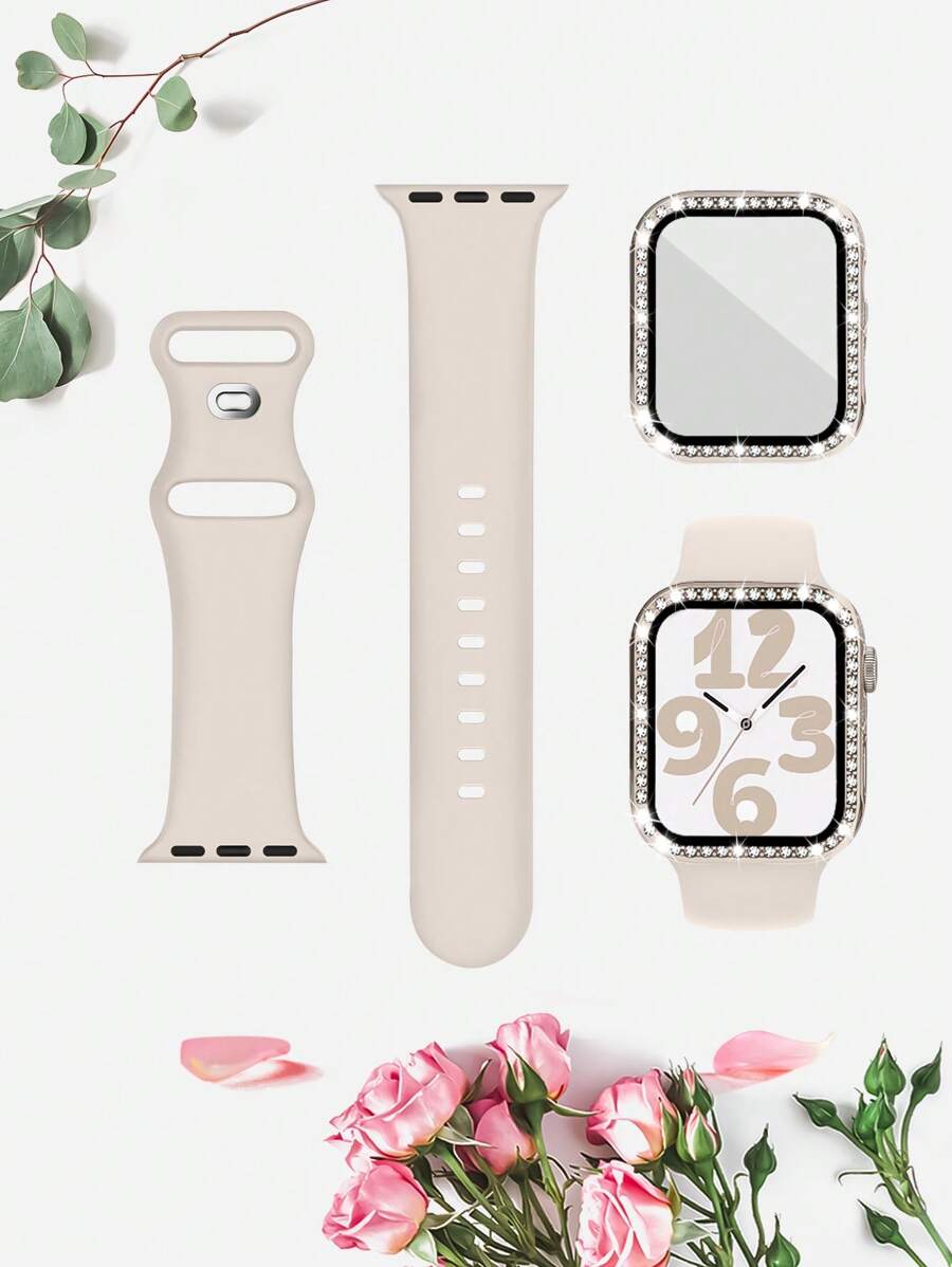 三合一包括腕带、表壳和保护膜 女式 男式 I 时尚运动 柔软、舒适、透气 单色纯色硅胶蝴蝶扣表带 带单颗水钻 双颗水钻 带钢化膜保护套 元旦礼物 多种颜色可选，搭配 Apple Watch Ultra 系列 9/8/7/6/5/SE/4/3/2/1 配件 替换表带 配件 DIY 套装 情人节 - Series 4/5/6/SE[40mm] - 查看 1
