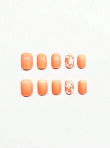 Upgrade Your Look With 24Pcs Short Square Orange Cute Flower Pattern Manicure Set For Women And Girls Press On Nails Nail Supplies Nails - Multicolor - View 4
