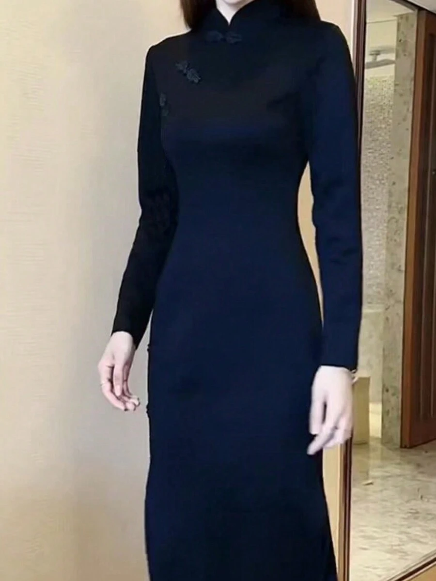 Qipao ajustado de cuello alto de unicolor clásico para mujer, para primavera y otoño - Negro - Ver 1