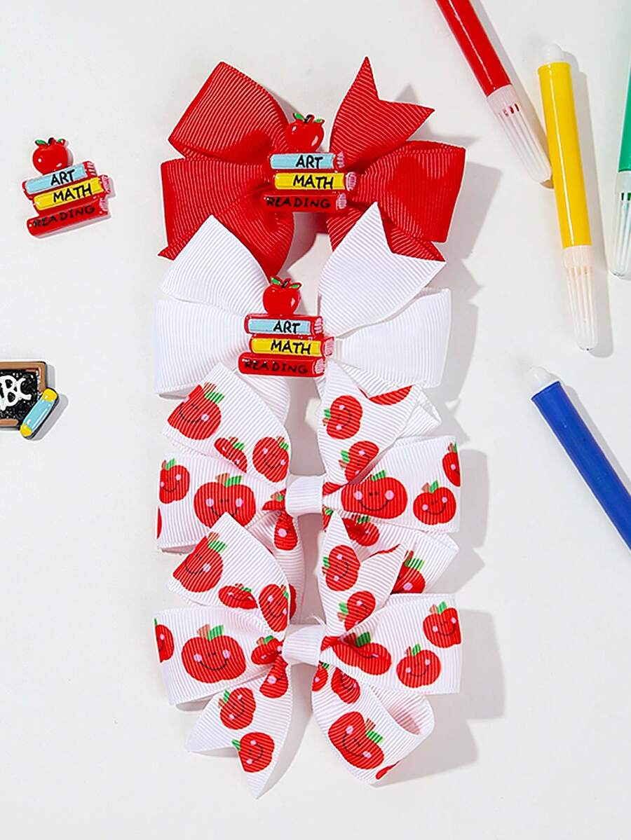 4 件套字母、校车、蝴蝶结、鳄鱼发夹发夹套装，适合女孩，开学季 - 彩色 - 查看 1