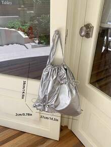 1pc Women Drawstring Pleated Silver Casual Daypack Backpack Shoulder Bag Versatile Small Travel Rucksack - Silver - View 2