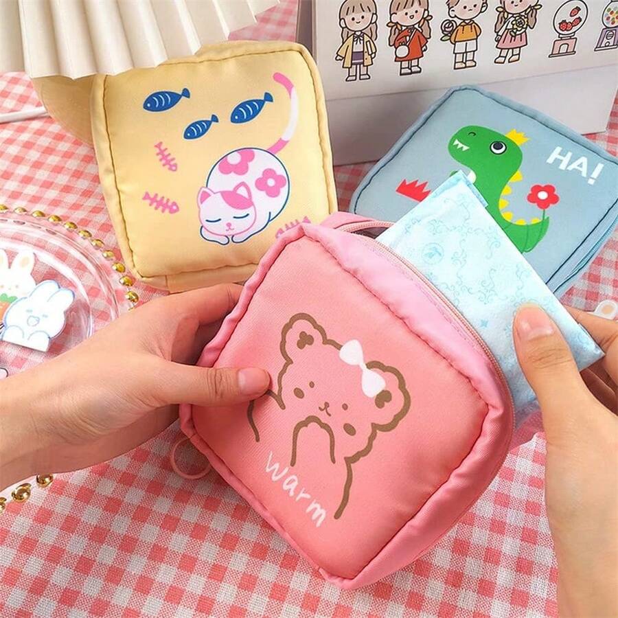 Cute Animal Print Sanitary Pad & Tampon Storage Bag, Portable & Large Capacity Makeup Pouch For Fall Home Decor For Travel Storage Bag,Makeup Bag,Cosmetic Bag,Vacation Organizer,Large Capacity Makeup Organizer Makeup Case, For Lipstick, Brush, Skincare, Mobile Phone, Coin, Small Items, For Home,Gift,Vacation And Festival Halloween Christmas Multifunctional Use - Multicolor - View 1