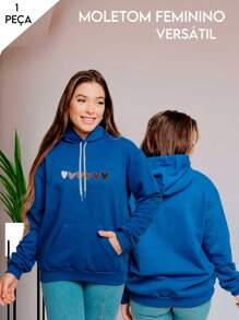 Cold Weather Blouse With Hoodie And Pocket Winter Coat Love Cutie Heart Print 7032 - 寶藍色 - 查看 5