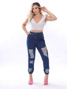 Women's Jeans Jogger Pants With Rips - Rửa tối - Xem 4
