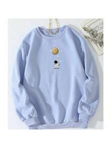 Women's Sweatshirt Round Neck Crewneck Basic Hooded Sweatshirt Modern Printed Tumblr For Girls Astronaut 7018 - 淺藍色 - 查看 2