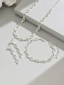 1set Women's Fashionable Full Rhinestone Teardrop Necklace, Bracelet And Earrings 3pcs Jewelry Set - Silver - View 4