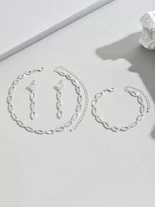 1set Women's Fashionable Full Rhinestone Teardrop Necklace, Bracelet And Earrings 3pcs Jewelry Set - Silver - View 3