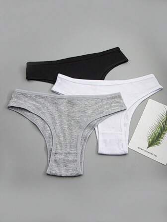 3 piezas Bragas triangulares de mujer acanaladas, transpirables, en negro, blanco y gris