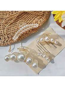 仿珍珠发夹，发夹强力定型发夹，大发夹防滑生日礼物发饰，适合妈妈、女士、女儿、女朋友（4 件/1 件），学校用品，大学秋冬度假装女士 - 白色 - 查看 4