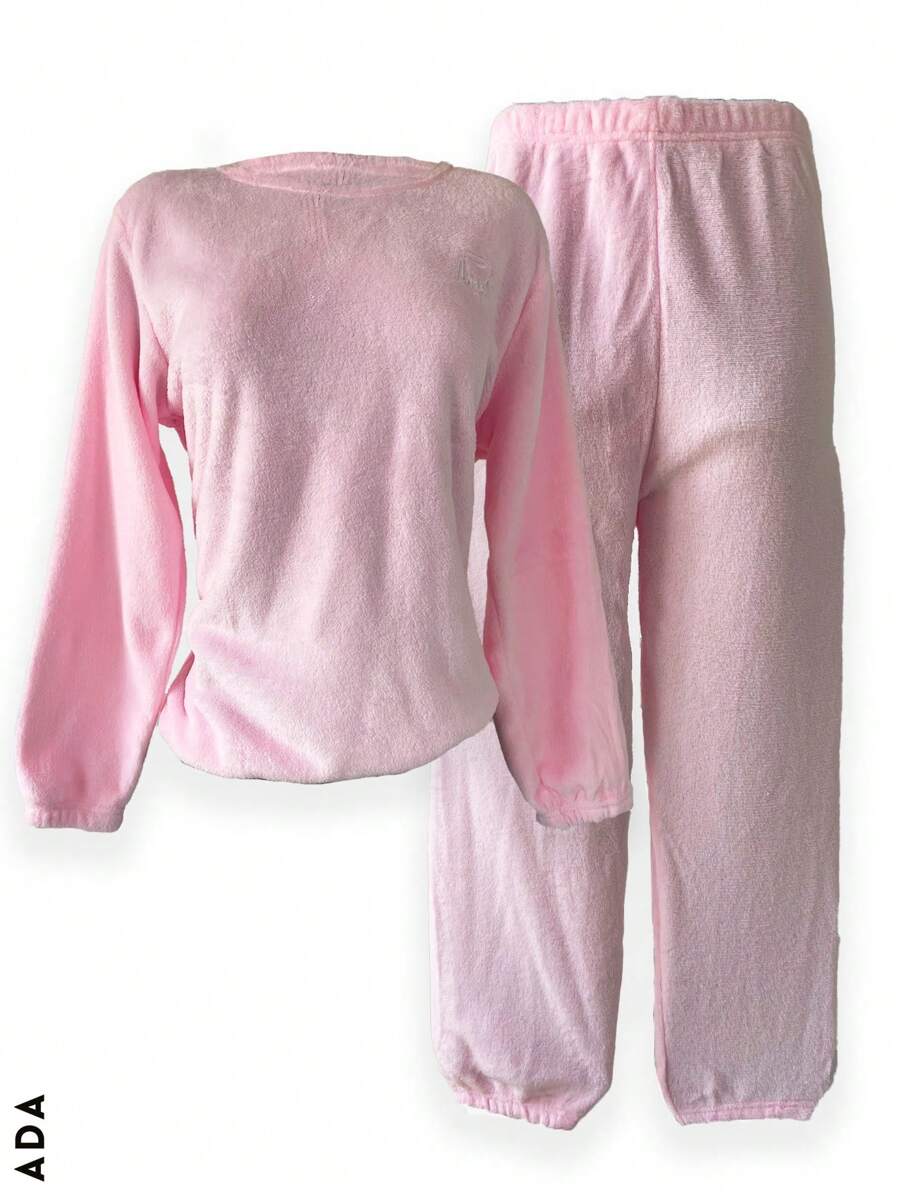 Pajama Set, 2-Piece Fleece Fabric, Spring-Waist Pants - Baby Pink - View 1