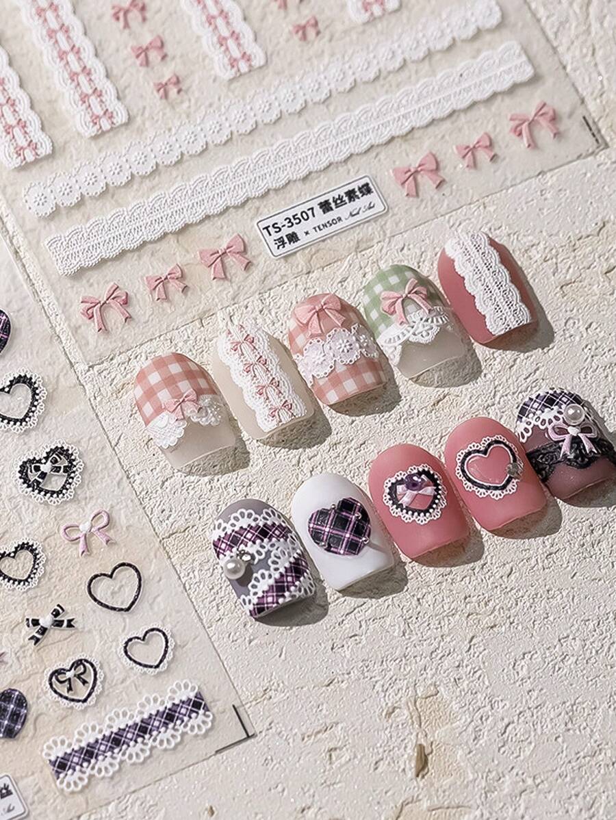 1pc Elegant Fashion 3D Embossed Lace Nail Sticker, Butterfly Print Nail Art Decals, Suitable For Daily Wear, Popular Among Women And Girls Nails Nail Stickers - Multicolor - View 1
