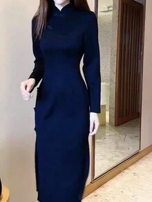 Qipao ajustado de cuello alto de unicolor clásico para mujer, para primavera y otoño - Negro - Ver 3