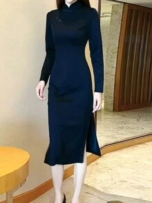 Qipao ajustado de cuello alto de unicolor clásico para mujer, para primavera y otoño - Negro - Ver 4