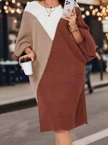 Vestido de suéter de talla grande con estampado de cuadros de colores, de manga larga con puños elásticos, vestido holgado de suéter para mujeres, para el invierno