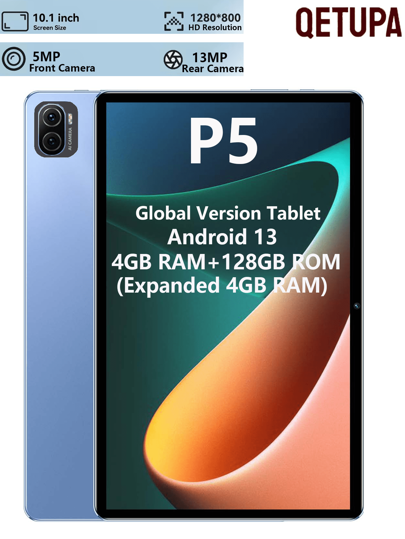 Qetupa Android 13 10.1インチタブレット、4GB RAM(拡張4GB RAM)+128GB