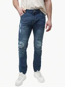 Men's Slim Fit Moto Jeans - 中度洗滌 - 查看 1