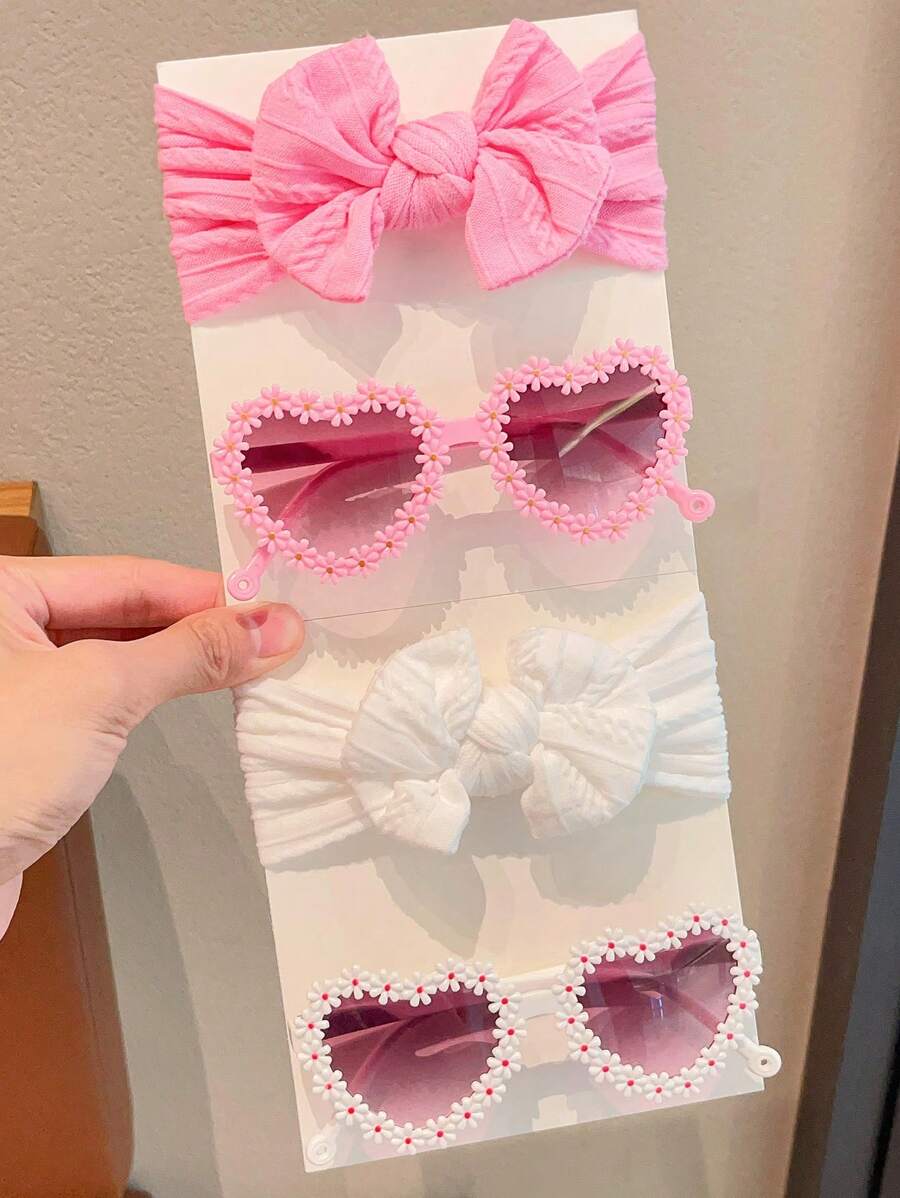 2/4Pcs/Set New Baby Girls Boys Cute Solid Color Bowknot Hairband Flower Heart Fashion Glasses Kids Hair Accessories,Card Only Show,Don't Shipping(Due Light Cause,Eyeglass Lens Colors Have Some Error) - Sunglasses+Headband - View 1