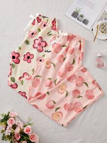 2 piezas Conjunto de pantalones casuales de verano con estampado floral para mujeres