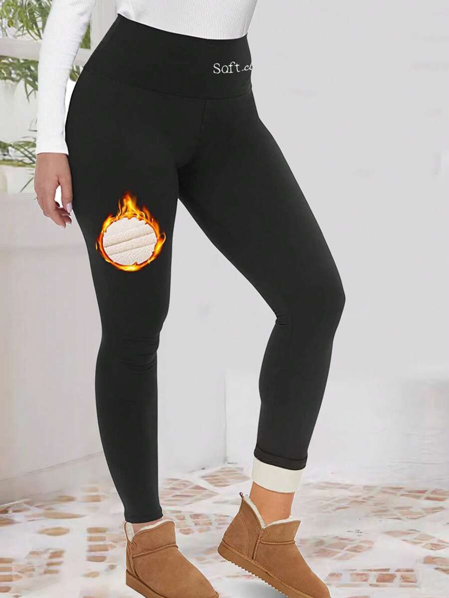 1 Stück Damen Thermobeinhose, mit Kunstlammfell Strickfutter, hoher Bund, Stickerei, plus Fleece Futter, enge Beine, Winterbekleidung