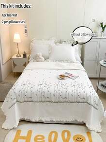 3pcs Plant & Floral Embroidered Bedding Set, Including Quilted Blanket & Ruffle Pillowcase & Comforter