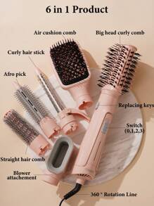 CRASTS Sèche-cheveux professionnel rose 6 en 1 pour coiffure, séchage rapide peu bruyant, avec 6 accessoires pour boucler et lisser les cheveux, 3 réglages de vent pour un usage domestique et en salon, cadeau de soins capillaires