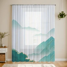 1pc Chinese Landscape Print Sheer Curtain, Digital Printed Mountain Scenery Decor For Home Office Living Room Bedroom