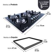PARRILLA ESTUFA DE GAS LP / NATURAL EMPOTRABLE 5 QUEMADORES CRISTAL TEMPLADO FLAMINETA - Negro - Ver 5