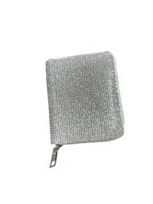 Carteira mini feminina em couro PU com decoração de strass, carteira curta 2 em 1 com zíper e porta-cartões, carteira de mão compacta e charmosa, carteira estilo INS europeu e americano, carteira pequena feminina. - Prata - Ver 2