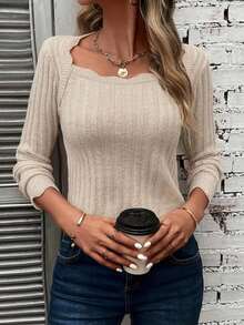Áo len nữ tay dài cổ vuông, viền gợn sóng, kiểu dáng mới, chất liệu gân, thích hợp cho mùa xuân/thu. - Màu be - Xem 4