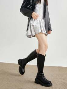 女士时尚粗跟中筒靴 2024 新款尖头高筒靴拉链开合通勤过膝靴黑色 - 黑色 - 查看 10