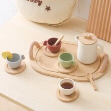 圣诞装饰 1 套婴儿角色扮演茶具套装、硅胶茶壶、木制杯垫、防漏儿童茶具玩具 - 彩色 - 查看 7